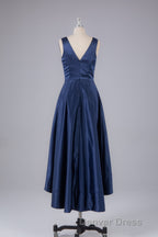A Line Formal Satin V Neck High-Low Prom Dresses