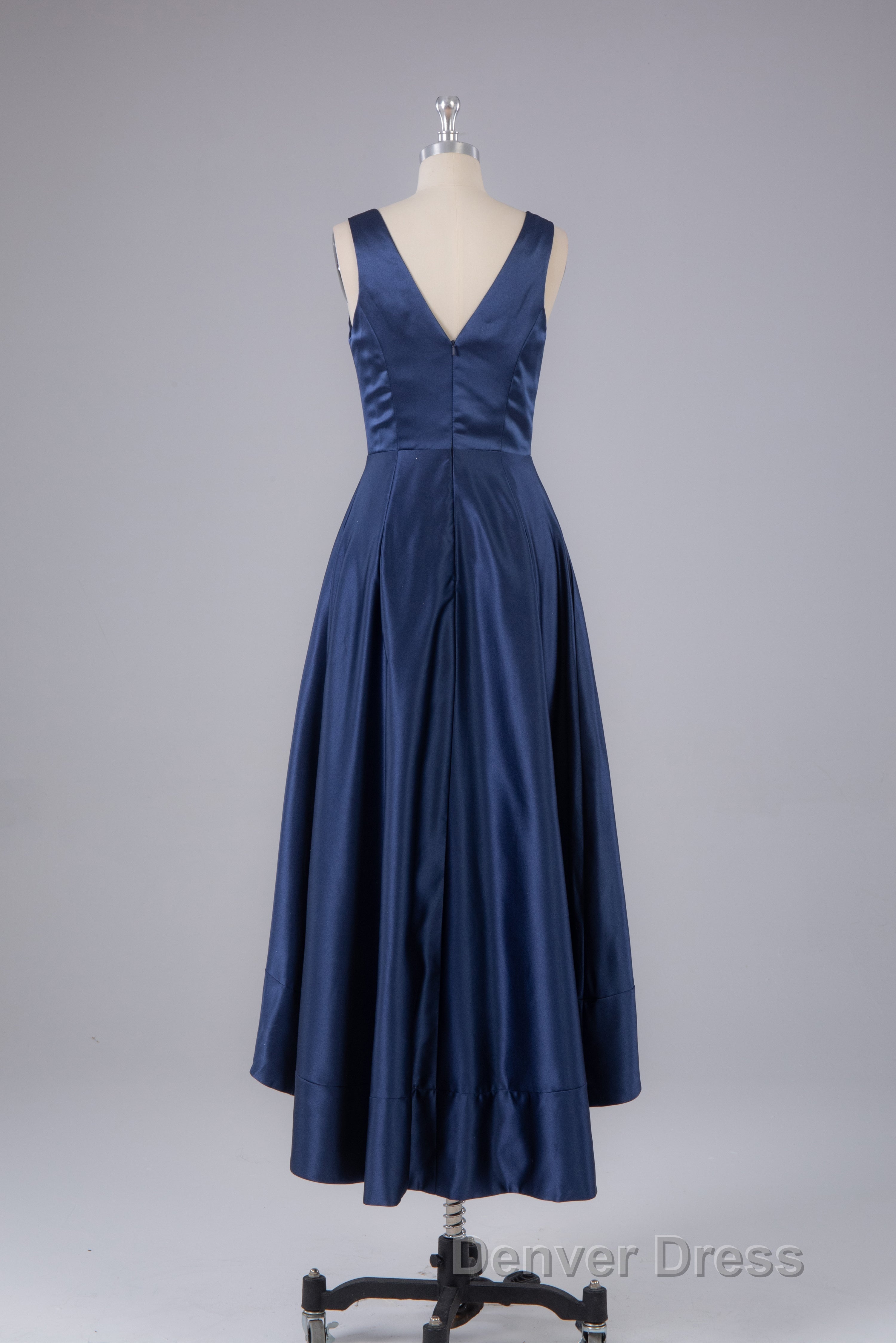 A Line Formal Satin V Neck High-Low Prom Dresses