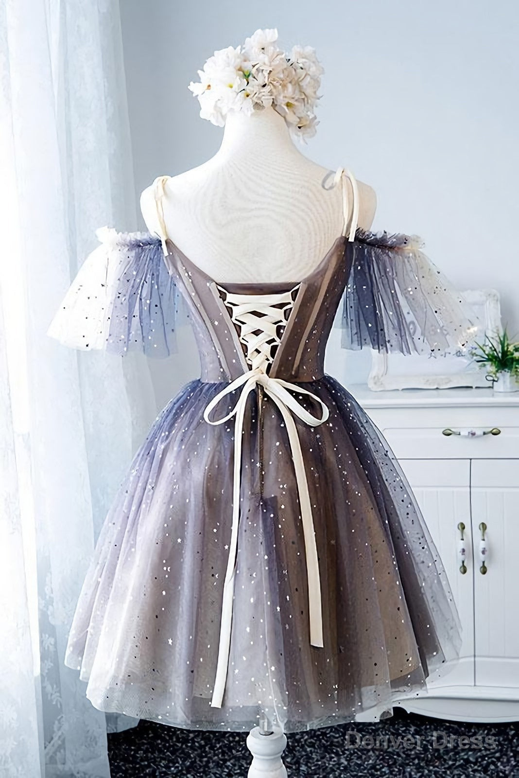 Unique Tulle Off The Shoulder Short Prom Dress, Lace Up Homecoming Dresses Secondary image