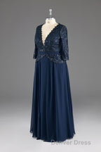 Navy V Neck Long Sleeves Lace Appliques Chiffon Prom Dresses