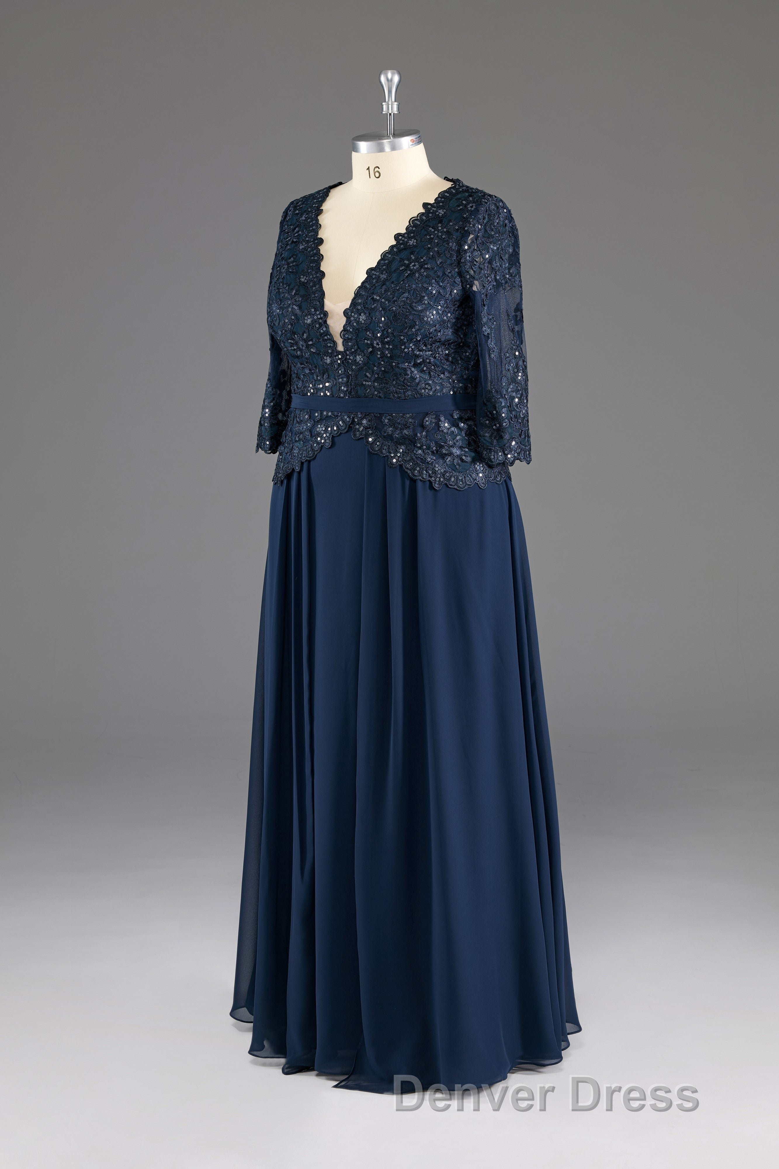 Navy V Neck Long Sleeves Lace Appliques Chiffon Prom Dresses