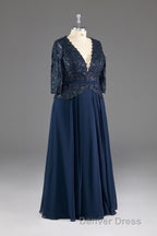 Navy V Neck Long Sleeves Lace Appliques Chiffon Prom Dresses