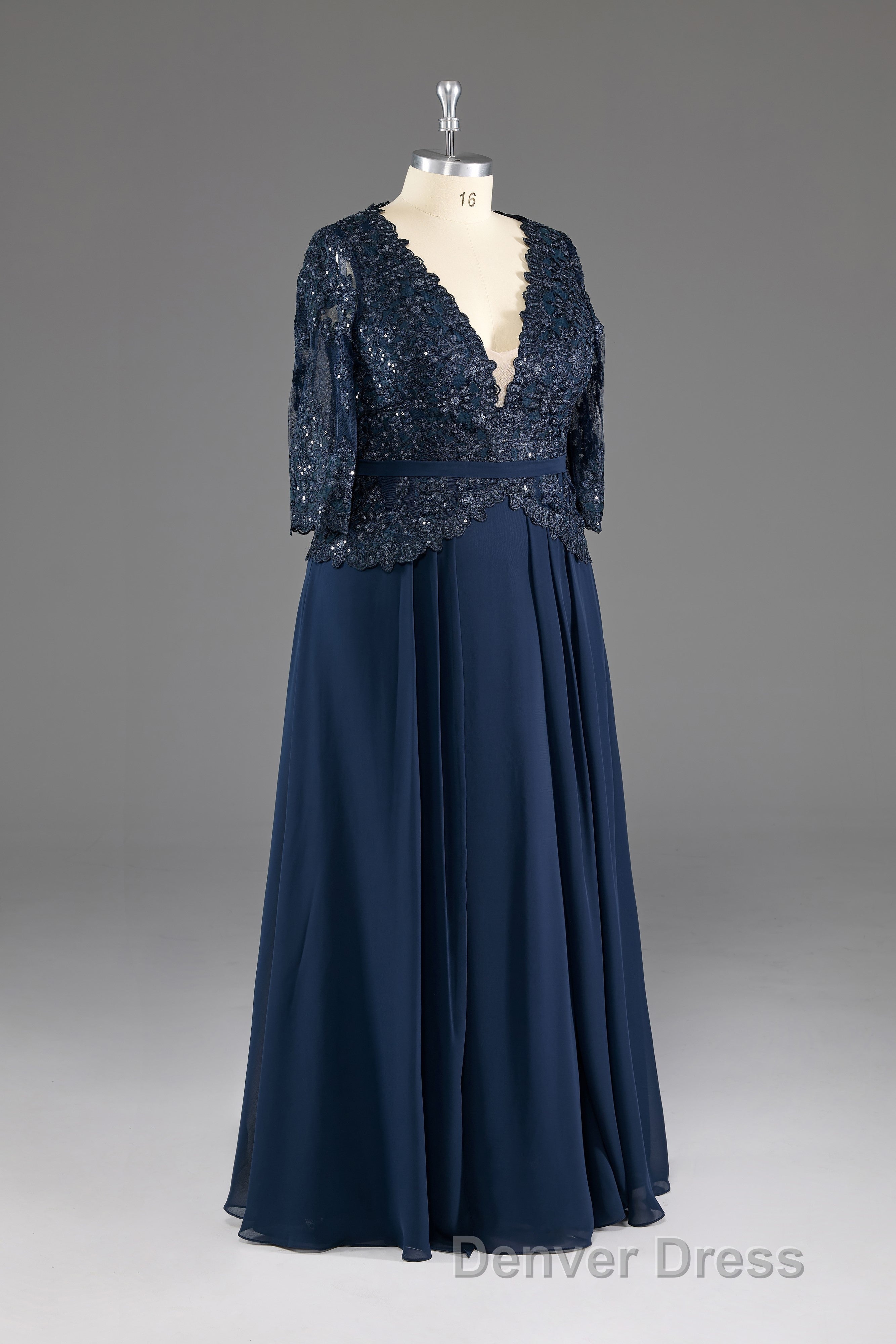 Navy V Neck Long Sleeves Lace Appliques Chiffon Prom Dresses