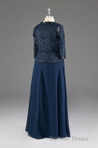 Navy V Neck Long Sleeves Lace Appliques Chiffon Prom Dresses