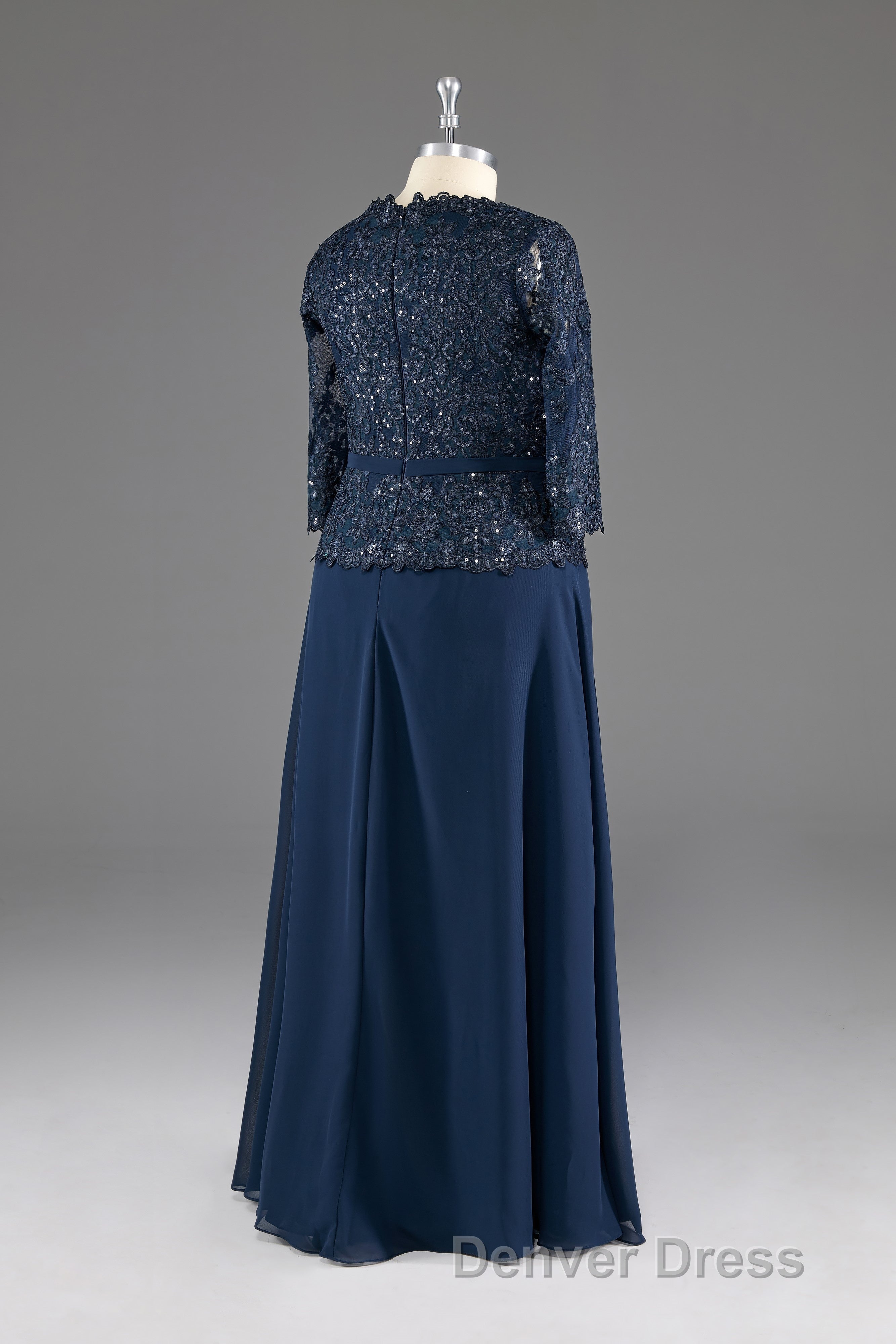 Navy V Neck Long Sleeves Lace Appliques Chiffon Prom Dresses