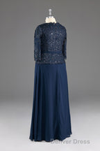 Navy V Neck Long Sleeves Lace Appliques Chiffon Prom Dresses