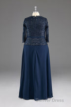 Navy V Neck Long Sleeves Lace Appliques Chiffon Prom Dresses