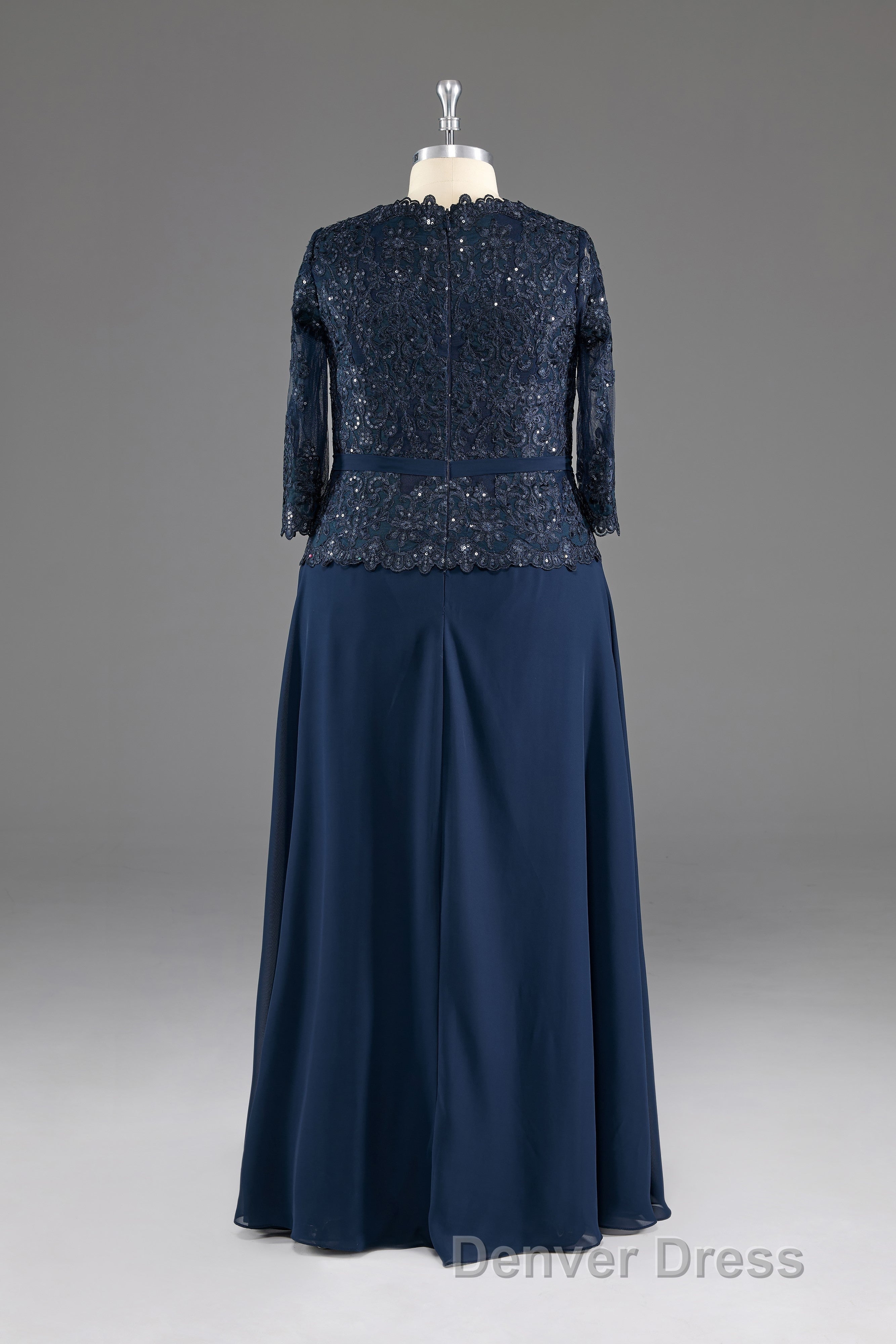 Navy V Neck Long Sleeves Lace Appliques Chiffon Prom Dresses