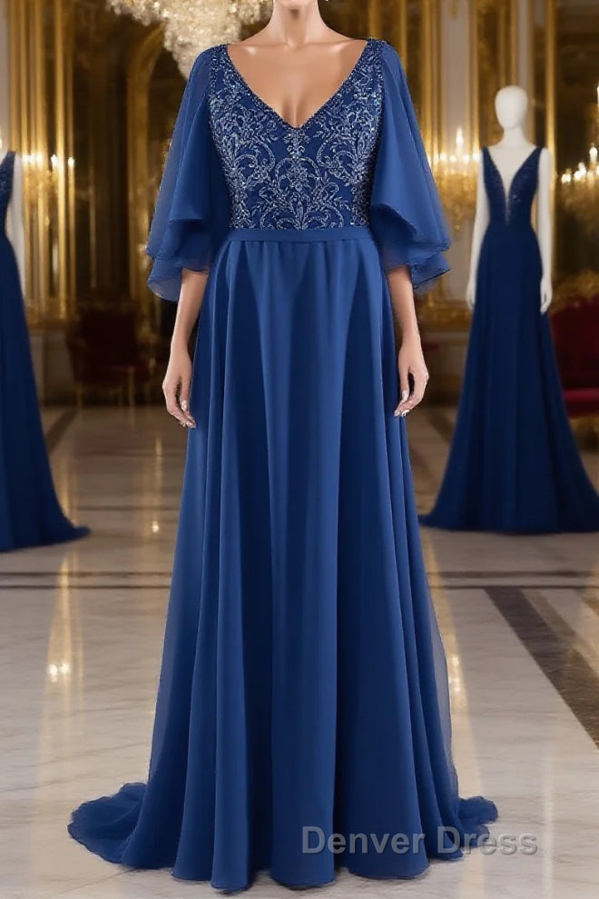 A Line V Neck Short Sleeves Chiffon Mother of The Bride Dresses