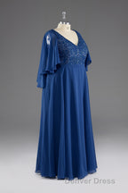 A-line V-Neck Short Sleeves Chiffon Mother of The Bride Dresses