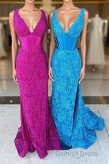 Glitter Navy Mermaid Sweep Train Prom Dresses With Slit
