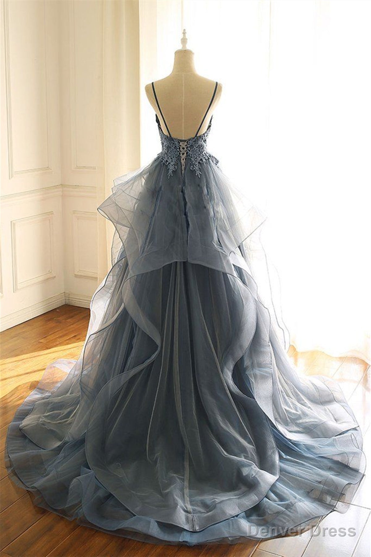 V Neck Blue Gray Lace Prom Dresses, Blue Gray Lace Formal Graduation Prom Gown Secondary image