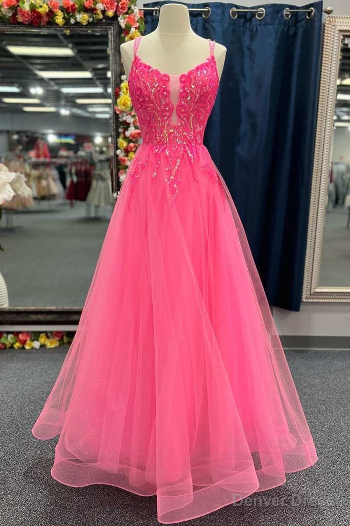 V Neck Hot Pink Backless Lace Prom Dresses, Open Back Hot Pink Lace Formal Evening Dresses Main image