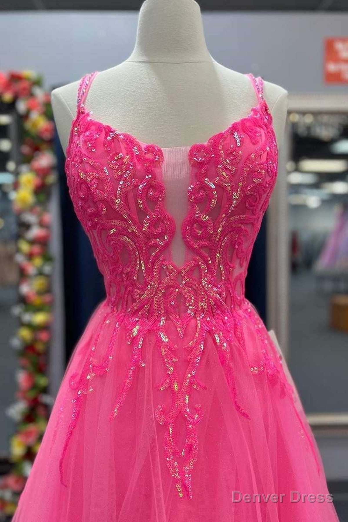 V Neck Hot Pink Backless Lace Prom Dress, Open Back Hot Pink Lace Prom Dresses