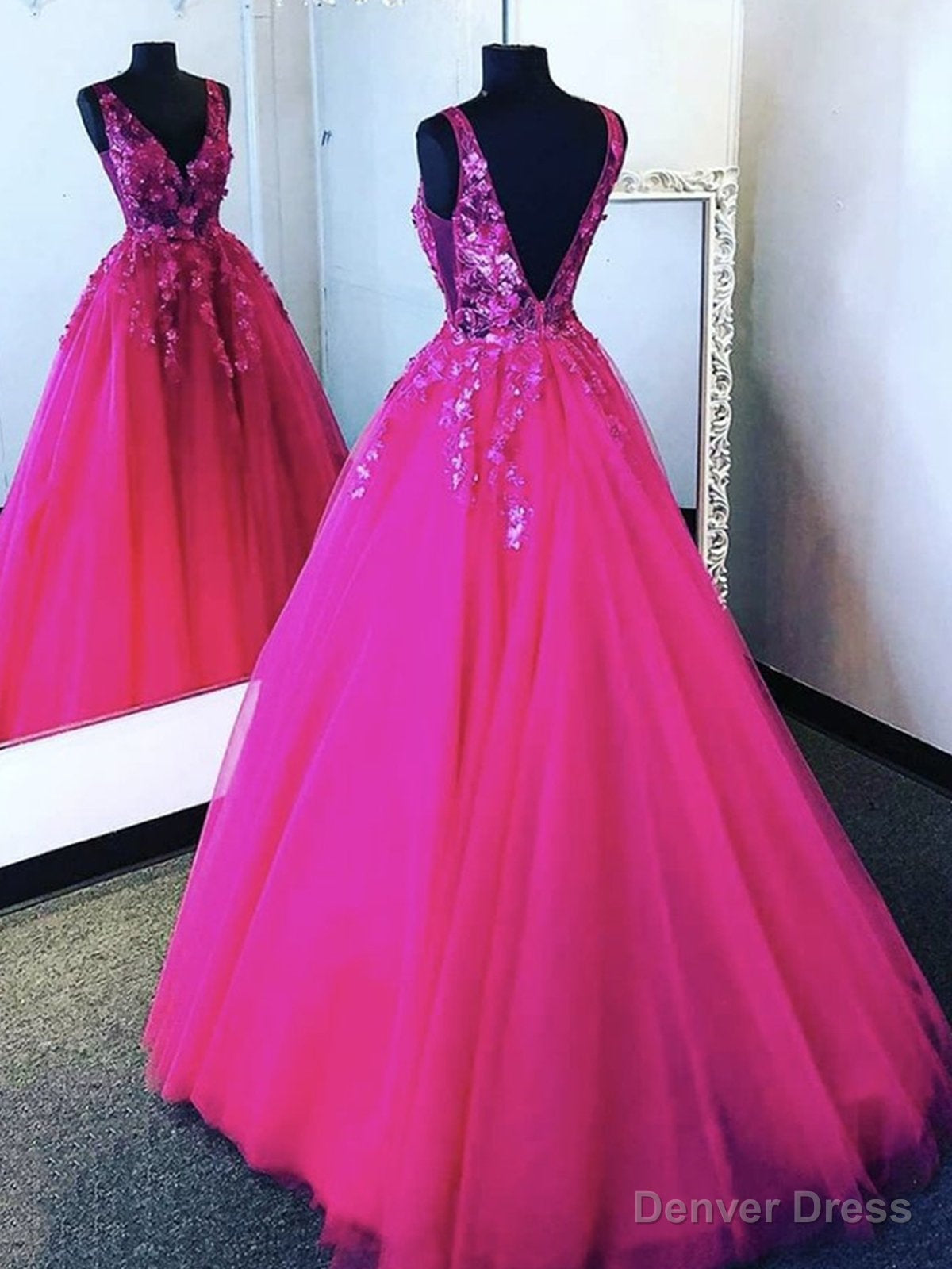 V Neck Hot Pink Tulle Lace Backless Hot Pink Floral Prom Dresses