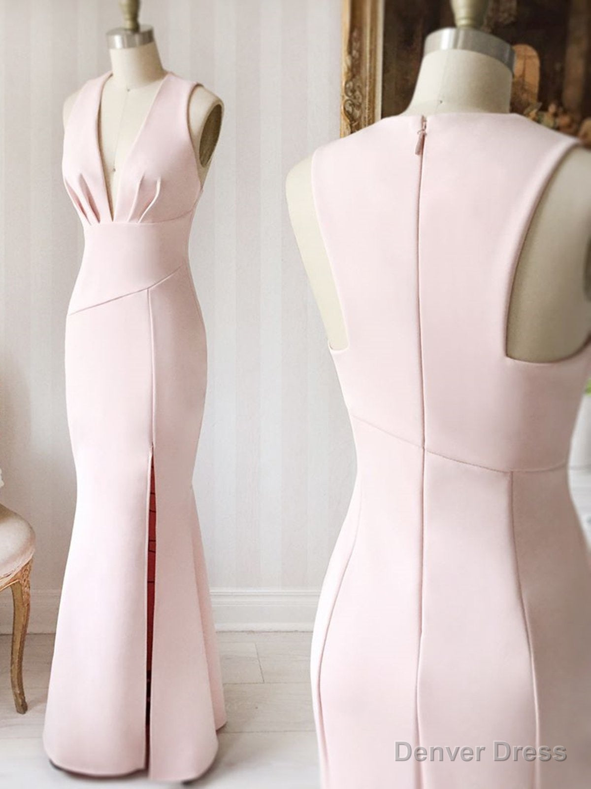 V Neck Pink Long Pink Long Wedding Dresses Main image