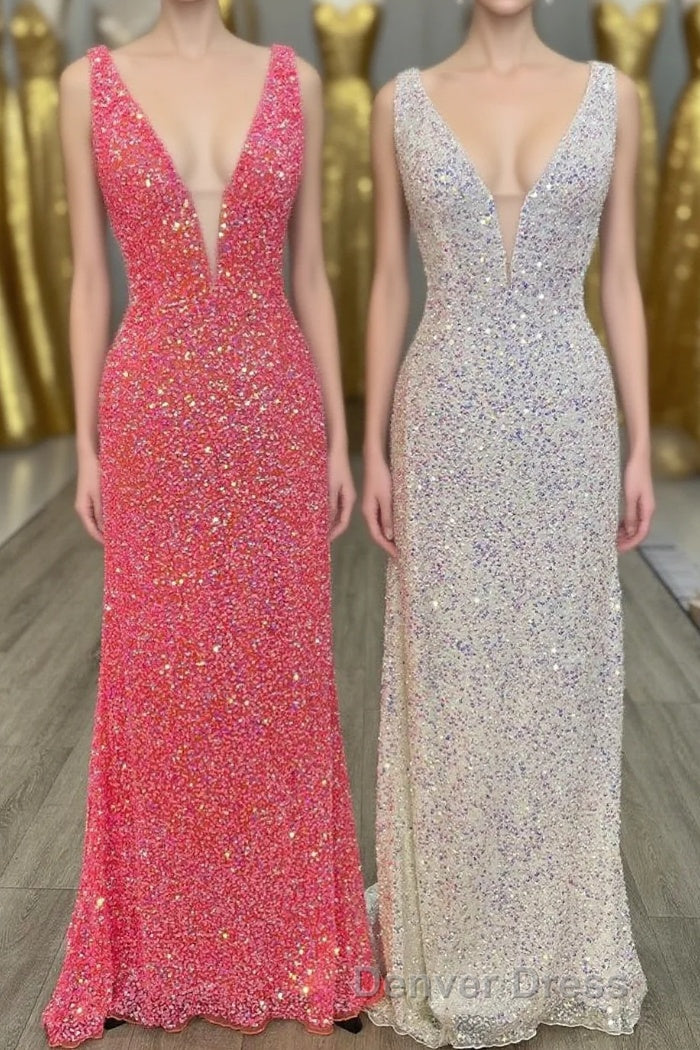 V neck Sequin Mermaid Long Prom Dresses Main image