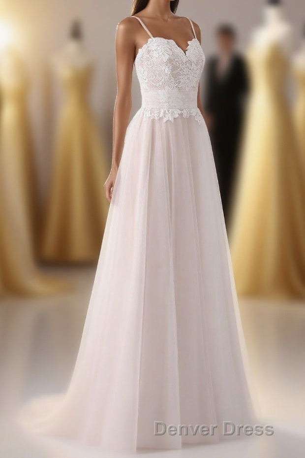 Girly Spaghetti Straps Long A Line Floor Length Wedding Dresses