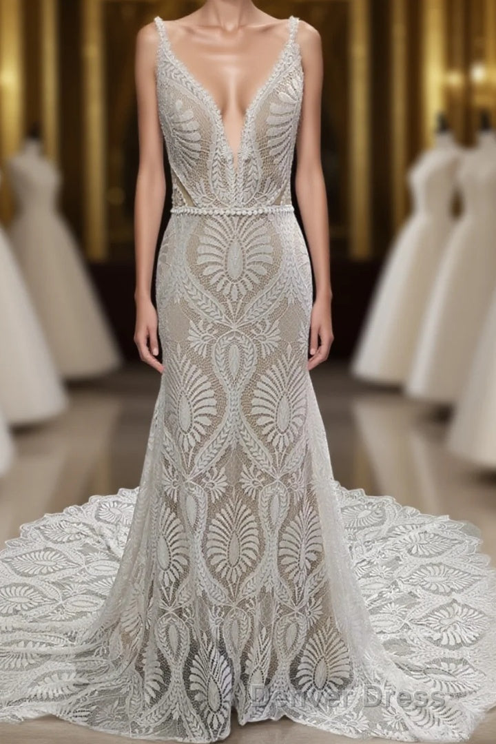 Elegant Spaghetti Straps V Neck Mermaid Lace Wedding Dresses Main image