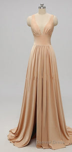 Elegant A Line Sexy V Neck Gold Long Modest Side Slit Bridesmaid Dresses