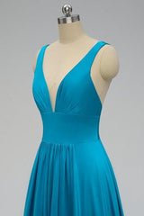 Elegant A-Line Sexy V Neck Gold Long Modest Side-Slit Blue Bridesmaid Dress