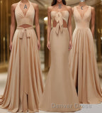 Elegant A Line Sexy V Neck Gold Long Modest Side Slit Bridesmaid Dresses