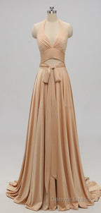 Elegant A Line Sexy V Neck Gold Long Modest Side Slit Bridesmaid Dresses