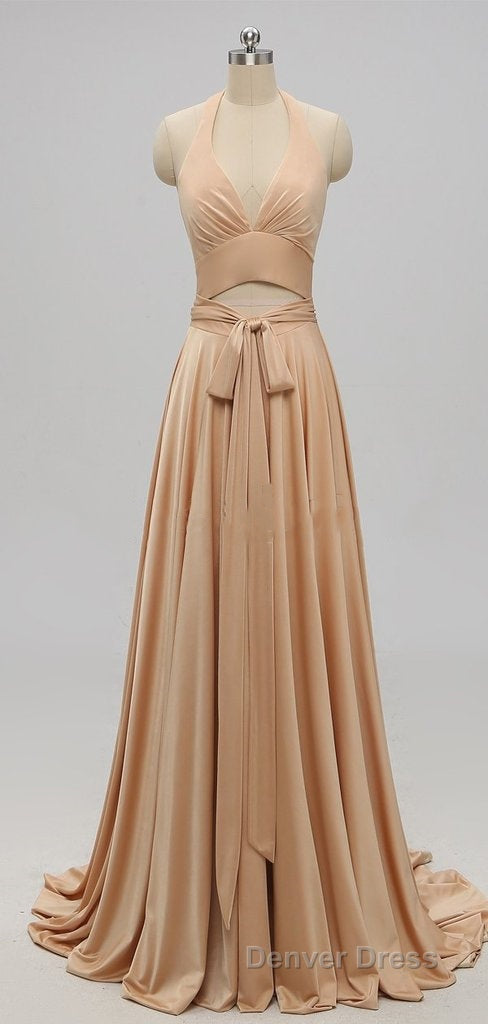 Elegant A Line Sexy V Neck Gold Long Modest Side Slit Bridesmaid Dresses