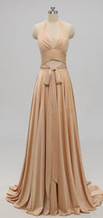 Elegant A-Line Sexy V Neck Gold Long Modest Side-Slit Bridesmaid Dress