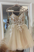 Beige Spaghetti Straps Homecoming Dresses With Appliques