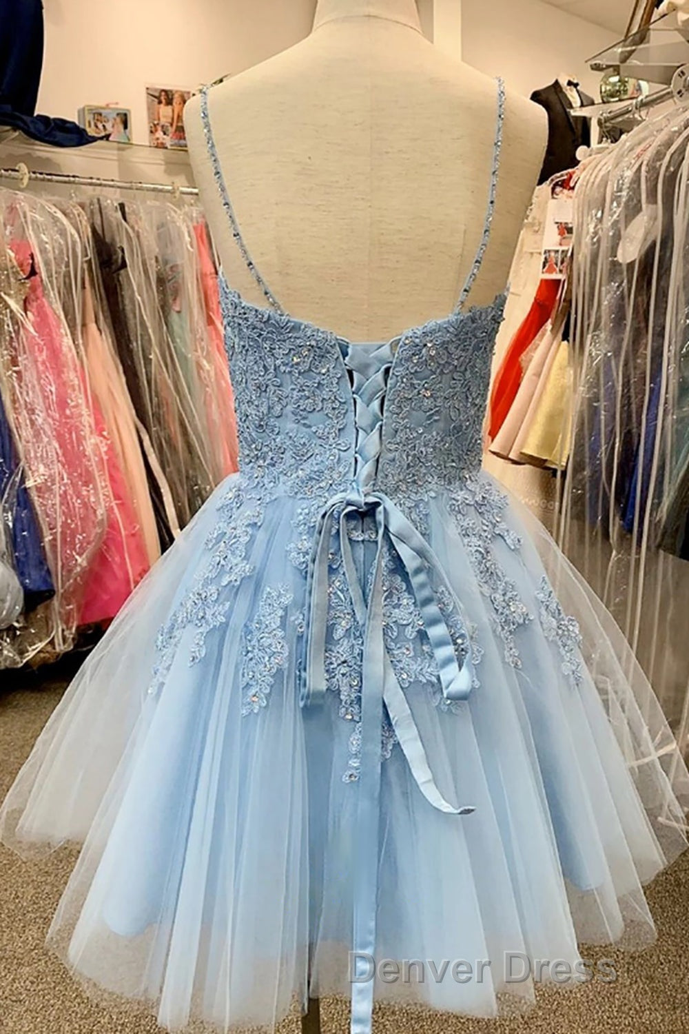 Blue Spaghetti Straps Homecoming Dresses With Appliques Secondary image
