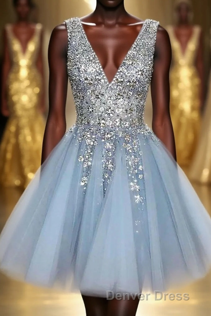 Blue V Neck Homecoming Dresses With Beadings Main image