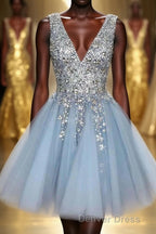 Blue V Neck Homecoming Dresses With Beadings