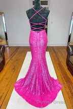 Fuchsia Mermaid Backless Sequined Prom Dresses