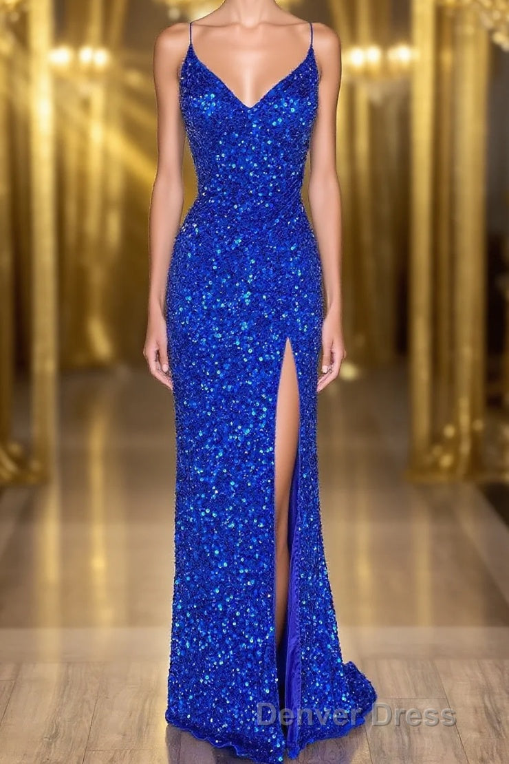Mermaid Spaghetti Straps Royal Blue Sequins Long Prom Dresses