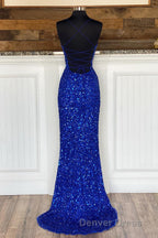 Mermaid Spaghetti Straps Royal Blue Sequins Long Prom Dresses