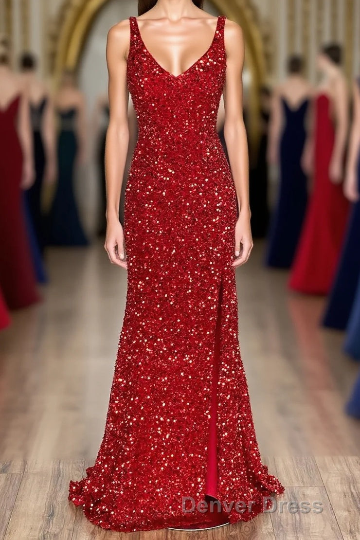 Sheath Spaghetti Straps Red Sequins Prom Dresses with Split Front Main image