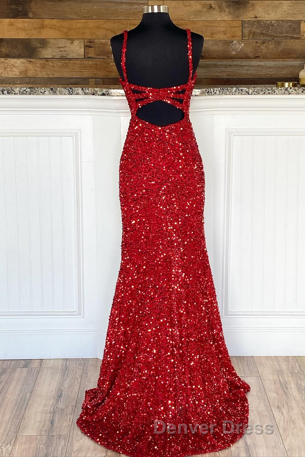 Sheath Spaghetti Straps Red Sequins Prom Dresses with Split Front