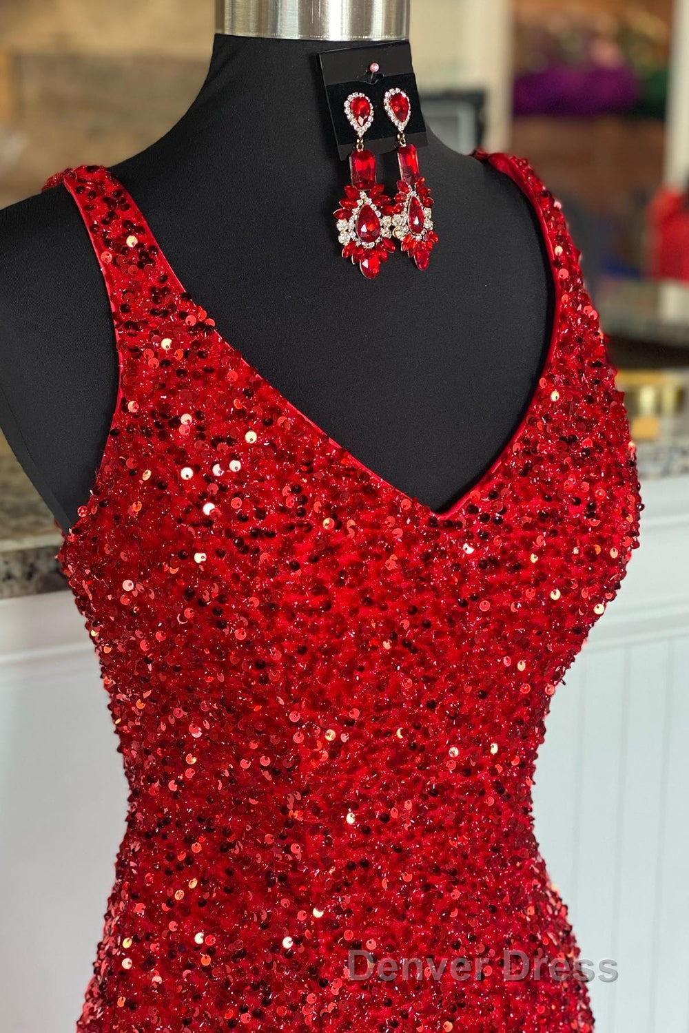 Sheath Spaghetti Straps Red Sequins Prom Dresses with Split Front