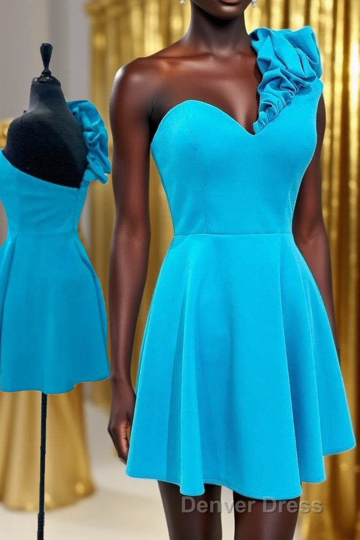 A Line One Shoulder Blue Short Homecoming Dresses Main image