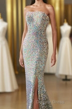 Silver Strapless Lace-Up Sequins Long Prom Dresses with Slit