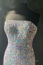Silver Strapless Lace Up Sequins Long Prom Dresses with Slit