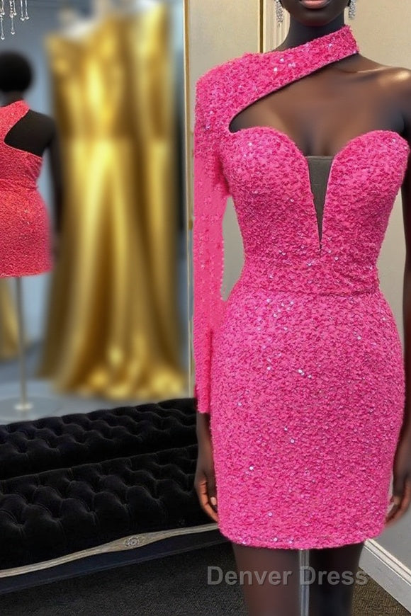 Hot Pink One Shoulder One Sleeves Tight Sequins Short Homecoming Dresses Main image