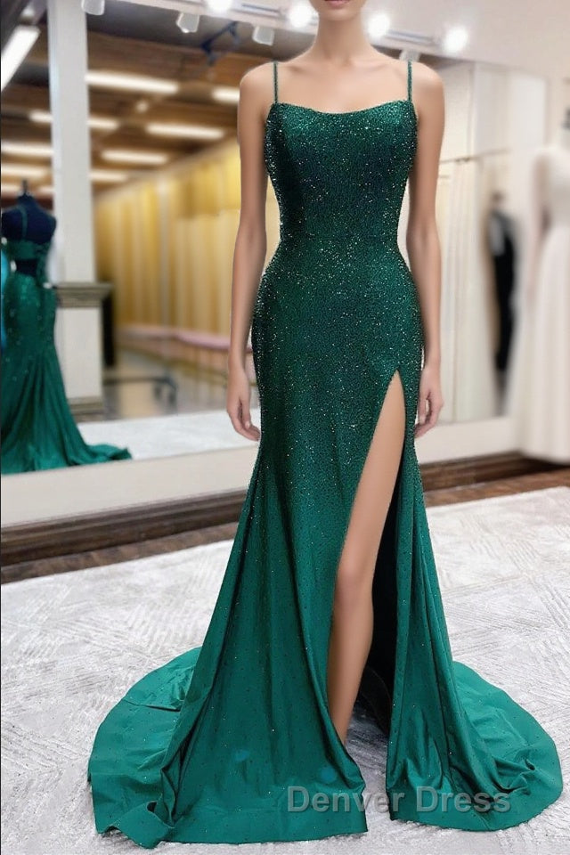 Mermaid Spaghettti Straps Dark Green Sequins Long Prom Dresses with Split Front Main image