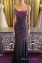 Dark Purple Lace Up Back Mermaid Prom Dresses with Beading