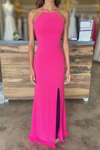 Sheath Halter Hot Pink Long Prom Dresses with Silt