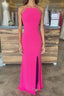 Sheath Halter Hot Pink Long Prom Dresses with Silt