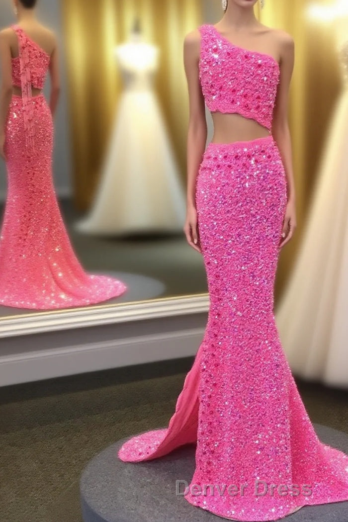 Hot Pink One Shoulder Sequins Prom Dresses with Slit Main image