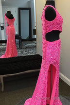 Hot Pink One Shoulder Sequins Prom Dresses with Slit