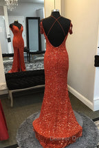 Orange Sparkly Spaghetti Straps Sequins Long Prom Dresses with Slit